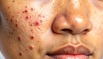 Macro photo of skin problems, acne pores, blackheads, redness, oily texture, pimples, realistic closeup, medical dermatology concept, unhealthy skin, detailed texture, skincare issue, high quality