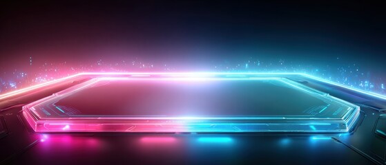 Futuristic neon hexagonal platform glowing with pink and blue lights on a dark high-tech digital background.