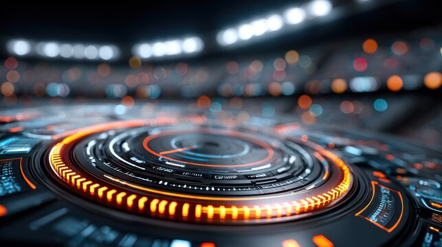 Futuristic digital interface with glowing circular patterns and intricate details, showcasing advanced technology and data visualization in a high-tech environment.