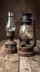 Two antique kerosene lamps on weathered wood