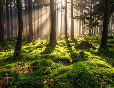 Sunlight streams through trees, illuminating a mossy forest floor - Powered by Adobe