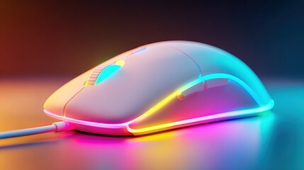 A sleek, modern computer mouse with vibrant, multicolored LED lighting glowing against a dark background.