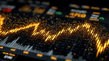 Obraz premium Abstract digital background with glowing financial candlestick charts, flowing data streams, and subtle fading grids for modern finance visuals.