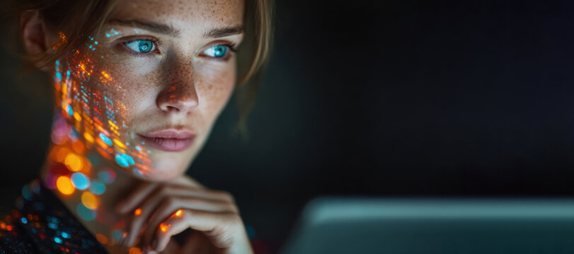 Business woman holding tablet with holographic data, binary code, and glowing orbs overlay in vivid neon gradients, futuristic cyber tech aesthetic.