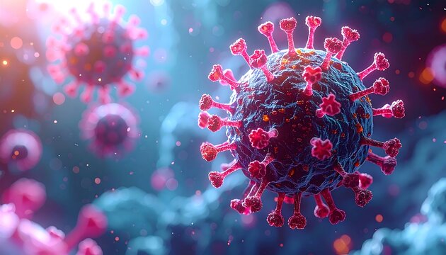 Illustration of a cluster of microscopic viruses in a vibrant, glowing scene