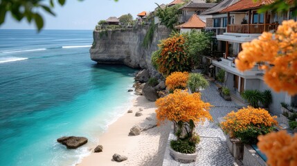 Vibrant Tropical Flowers Blooming Alongside a Cliffside Coastal Village Overlooking a Turquoise Ocean Beach on a Sunny Day
