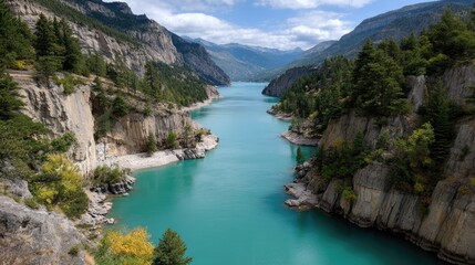 Vibrant Turquoise Mountain Lake Surrounded by Rugged Cliffs and Lush Green Trees Under a Bright Blue Sky with Wispy Clouds