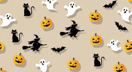 Naklejka premium Halloween Spooky Pattern with Ghosts Pumpkins Witches and Bats.