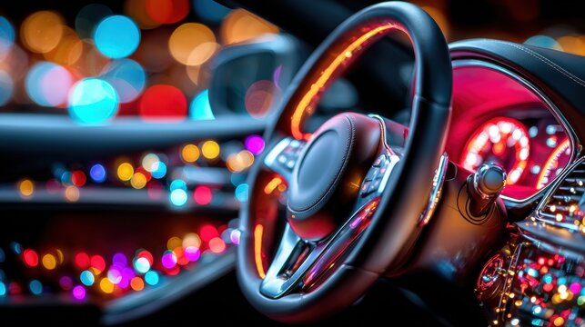 Close-up of a modern car's steering wheel and dashboard illuminated by vibrant, colorful city lights at night.