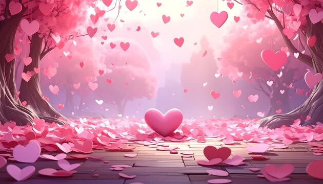 Serene romantic scene featuring floating hearts in a pastel pink forest