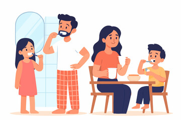 Vector of family doing morning routine together, brushing teeth and breakfast