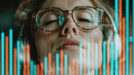 Young Woman with Glasses and Headphones Looking Upwards Surrounded by Digital Data Visualizations and Graphs Representing Technology and Innovation