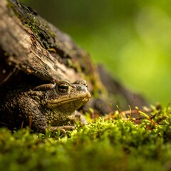 Toad resting on mossy log