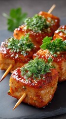 Warm Indoor Food Photo of Skewered Chicken with Glistening Glaze and Fresh Green Garnish Served on a Dark Slate Plate with Soft Lighting