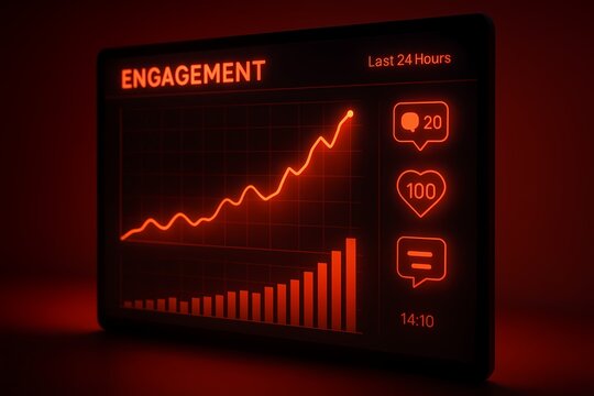 A glowing digital dashboard showing engagement growth with rising graphs, likes, and comments, symbolizing YouTube algorithm performance, content success, and audience interaction.