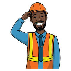 African American builder in workwear vector flat design illustration isolated on white background laughing and touching hard hat perfect for construction or work themed designs