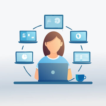 Woman working remotely with multiple laptops and screens.