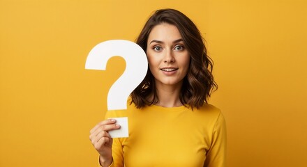 Amazing young woman holding paper question mark on yellow background