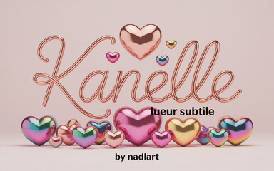 Kanelle Logo  – Metallic Rose Gold Cursive Text with Iridescent and Gold Hearts on Light Pink Background, Featuring “LUEUR SUBTILE” and “BY NADIART” Typography