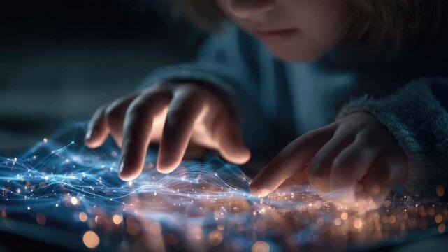 Young Child Engaged with Interactive Digital Technology as Hands Touch Bright Sparks of Light and Digital Connectivity on Screen Display