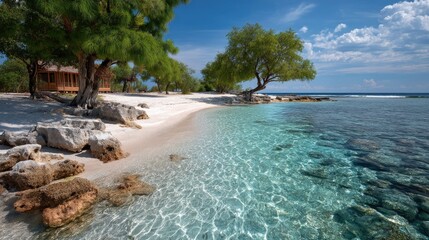 Wide Angle View Of A Tropical Island Beach With Crystal Clear Turquoise Water And Lush Green Trees Under A Bright Blue Sky