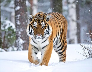 Striking tiger in wintery snow