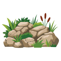 Obraz premium Brown rock with green grass on top vector illustration isolated on white background perfect for nature scenery, landscape, environment, or outdoor themed creative artwork