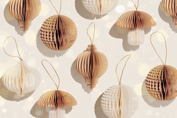 Paper Christmas Ornaments, hanging ivory beige New Year decorations as mushrooms, balls, flashlights with gold bokeh, sunlight shadow, minimal aesthetic holiday flat lay, festive patterns background