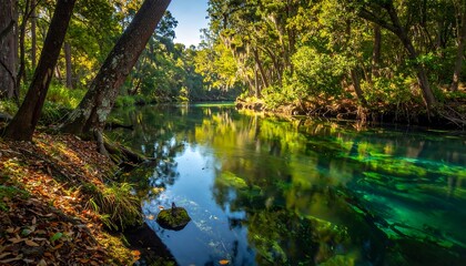 A serene river flows through a vibrant forest, with crystal-clear waters reflecting lush foliage & sunlight