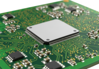 Closeup of a computer processor chip on a green circuit board isolated on transparent background