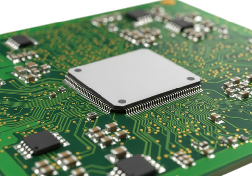 Closeup of a computer processor chip on a green circuit board isolated on transparent background