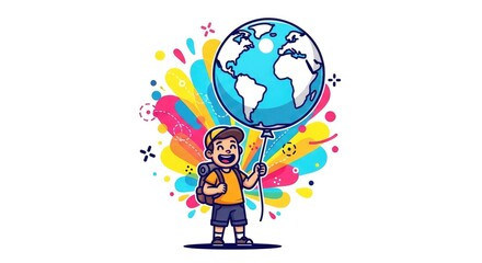 Naklejka premium Happy Child Holding Earth Balloon with Colorful Splashes.