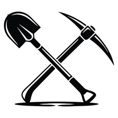 Crossed shovel and pickaxe glyph icon vector illustration silhouette symbol representing digging tool construction mining or labor work design element isolated artwork © Nass Studio