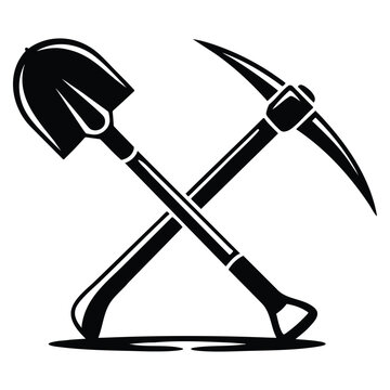 Crossed shovel and pickaxe glyph icon vector illustration silhouette symbol representing digging tool construction mining or labor work design element isolated artwork