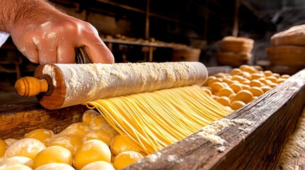 Handmade Pasta Making Traditional Rolling Pin and Dough