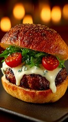 Gourmet Blue Cheese Burger with Arugula and Tomatoes