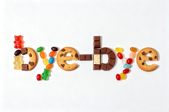 lots of sweet candies and snacks form the bye-bye letter on a white background