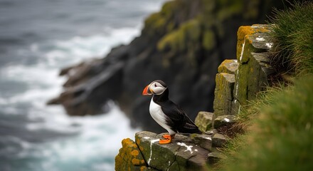 Vibrant Atlantic Puffin with Distinctive Orange Beak and Feet Perched Majestically on a Rugged Coastal Cliff Overlooking the Wild, Turbulent Ocean