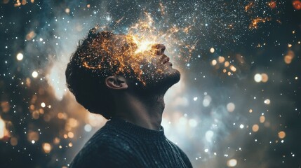 ' Head Emitting Golden Cosmic Energy and Sparkling Light, Symbolizing Consciousness and Creativity