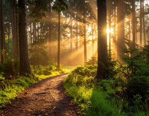 Sun rays stream through a dense forest onto a dirt path