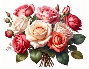 Naklejka premium A vibrant, watercolor-style bouquet featuring multiple roses of varying shades of pink, red, and cream. The stems are tied with twine