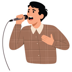 Handsome male singer in vintage suit singing into mic showing heart by hands flat art rastered copy vector illustration perfect for music performance poster