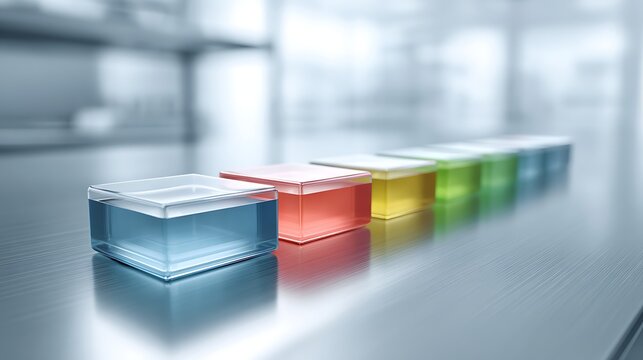 High-definition image of colorimetric assay plates on stainless steel bench
