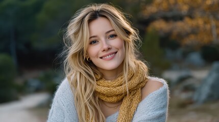 A Joyful Moment: Woman with Beautiful Blonde Hair Embracing Warm Morning Air in Nature