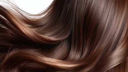 Close-up of shiny, wavy brown hair with natural highlights, reflecting light beautifully.