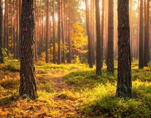 Obraz premium Sunlight streams through forest trees, lighting up the vibrant undergrowth