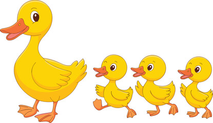 Cartoon duck family illustration, mother and ducklings walking, cute animal characters, yellow birds, playful design, vector artwork, nature theme