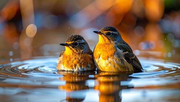 Two birds bathing in shallow water