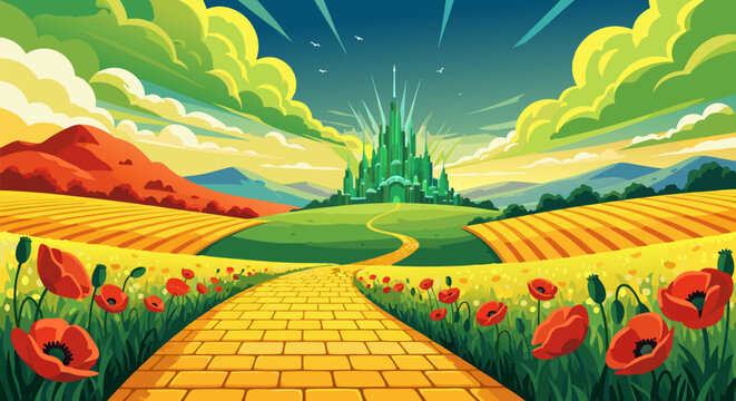 A golden brick road winding through poppy fields and golden plains towards a magical green castle on a hill under a radiant sunny sky
