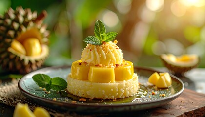 A beautifully presented dessert features mango and ice cream, with durian in the background.